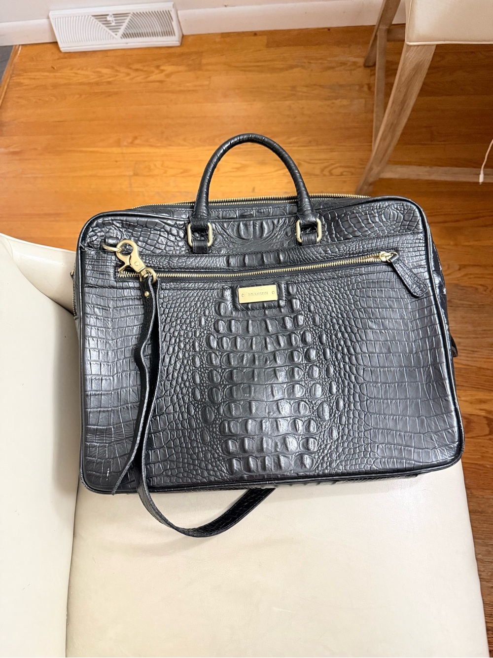 Brahmin Black Croc-Embossed Leather Briefcase with Gold Hardware Accent